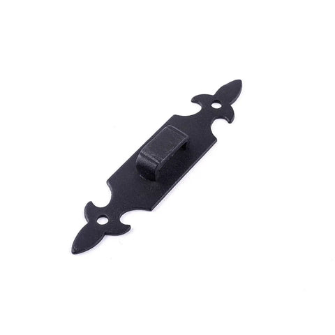 Rock Solid Black Powder Coated Wrought Iron French Quarter Slide Bolt Cabinet Latch Lock Five And One Half Inches, detailed view.