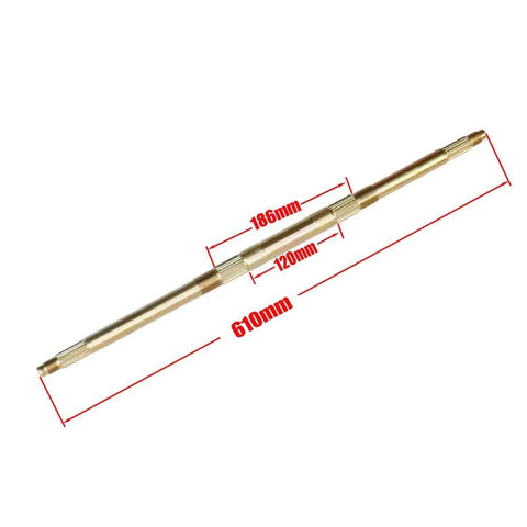 610mm Rear Axle For 49cc 50cc 110cc And 125cc Electric Kids Go Kart ATVs Quad Bikes And Scooters Replacement Part Built Tough For Easy Install And Long Lasting Ride, metal axle with labeled measurements