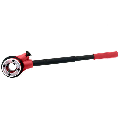 Ratcheting Pipe Threader Kit With Three Dies One Half Inch, Three Quarter Inch, And One Inch Hinge Plate Heads Long Ergonomic Handle Delivers Max Torque Built Tough For Quick Pipe Fits In Construction And Plumbing shown in side view