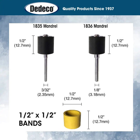 Half Inch By Half Inch Cylinder Sanding Bands Set For Rotary Tools Thermoplastic Construction Includes Assorted Eight Grit Textures And 1835 Mandrel Ideal For Precision Polishing And Finishing On Cylindrical Surfaces 9 Piece, shown with 1835 and 1836 mandrels and band dimensions.