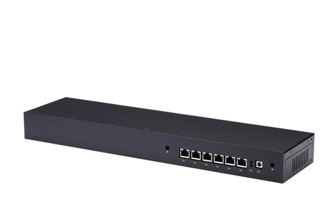Built Tough 6 Port Network Firewall Mini Pc With Intel Celeron Cpu And 4Gb Ddr4 Ram 128Gb Msata Ssd Aluminum Enclosure rear view showing six ethernet ports.