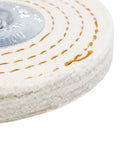 Shop Ready 4 Inch Cotton Spiral Buffing Wheel For Bench Grinder With Quarter Inch Mandrel on display, showcasing woven cotton and stitching.