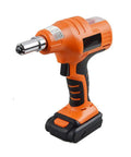 14.4V Cordless Rivet Gun With Rechargeable Lithium Battery Portable Electric Pull Riveter Tool side view showing grip and rivet nozzle.