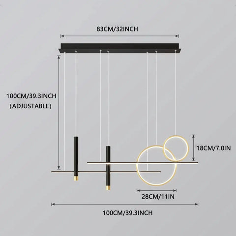 Black LED Chandelier For Kitchen Island Pendant Lights, Modern Linear Ceiling Fixture, dimensions diagram with measurements