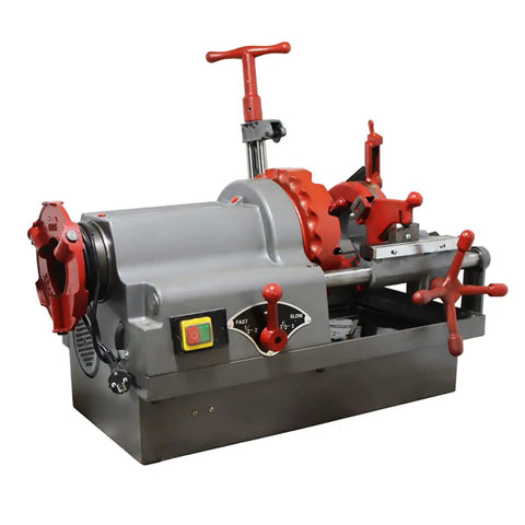 Electric Pipe Threader Machine 1/2 To 3 Inch NPT Threading Cutter For Cutting Threading And Reaming With Clamping Device And Oiling System For Installation And Construction Jobs, gray steel unit with red clamps