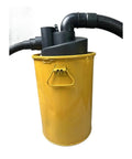 2.5 Inch Double Filtration Cyclone Dust Collector with yellow container and hose, shown in workshop setting