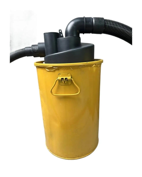 2.5 Inch Double Filtration Cyclone Dust Collector with yellow container and hose, shown in workshop setting