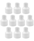 LESSO 10PCS PVC Pipe Fittings, 1-1/2" to 3/4" PVC Reducing Coupling in white, front view of SCH40 plumbing fittings for irrigation