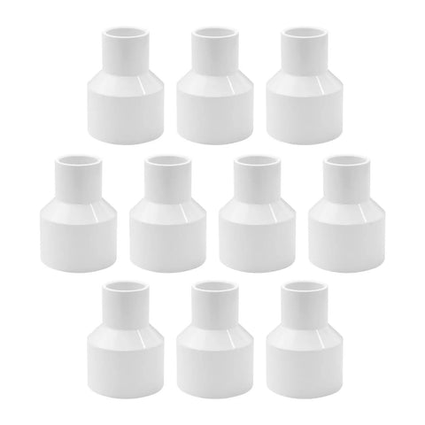 LESSO 10PCS PVC Pipe Fittings, 1-1/2" to 3/4" PVC Reducing Coupling in white, front view of SCH40 plumbing fittings for irrigation