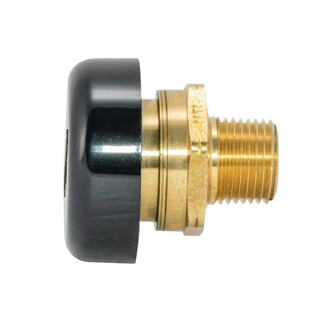 Side view of 1/2 Inch MIP Vacuum Relief Valve For Plumbing, Brass Construction with black cap, Model 60156