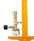 Brass Bunsen Burner For Lab Use With One Hand Operation Safe Brass Build Propane Fuel Ready next to measuring ruler.