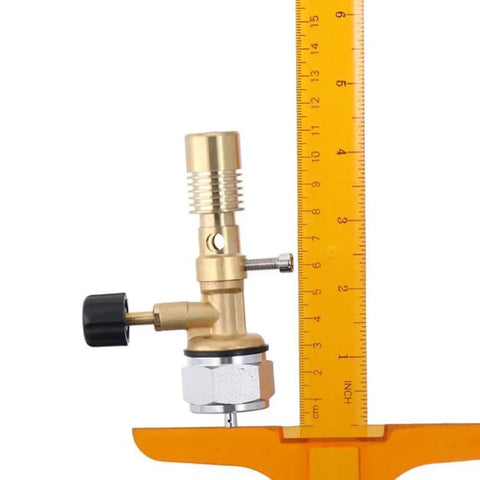 Brass Bunsen Burner For Lab Use With One Hand Operation Safe Brass Build Propane Fuel Ready next to measuring ruler.