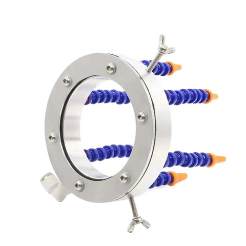 Heavy Duty Water Spray Ring Cooling Nozzle For Machining Centers with blue flexible hoses and metal fittings for coolant application.