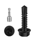 Number Twelve X Three Quarter Inch Hex Washer Head Self Drilling Screws Black Coated 410 Stainless Steel Heavy Duty Sheet Metal Fasteners Fifty Pack with hex drive and washer