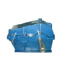 Heavy Duty Horizontal Bevel Gear Reducer ZLH85 A Rock Solid Industrial Gearbox Built Like A Tank With Durability And A No Fuss Setup For Crews Craving Dependable Torque Output, blue metal housing, side view.