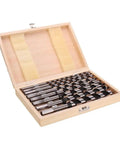 Badass Eight Piece Auger Drill Bit Set With Two Three Zero Millimeter Hex Shank crafted in a wooden case for woodworking tasks.