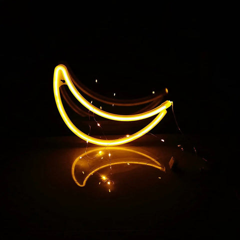 Three Piece Neon Cloud Lightning Planet Signs Kit For Bedroom Wall Decor featuring glowing yellow crescent moon LED light