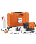 Front view of Fein JMC Magforce 90 magnetic base drill with brushless motor, 1,200W, orange case and accessories.