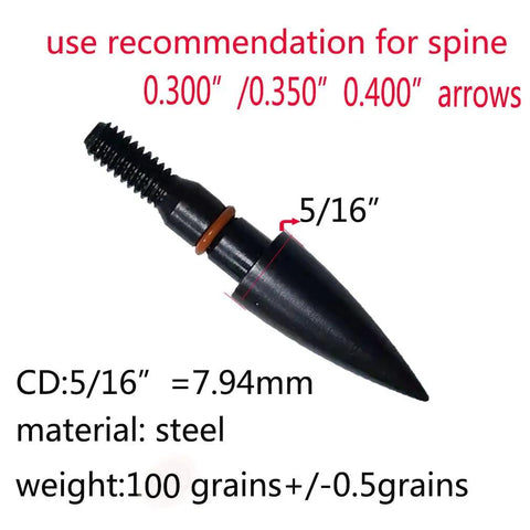 Close-up of 100 Grain Field Points For Archery - 5/16 Inch Steel Screw In Tips with measurements shown, for target practice.