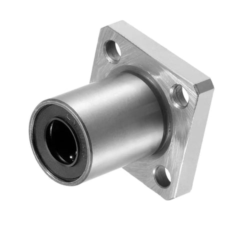 LMK10UU Square Flange Linear Ball Bearing Bushing, 10mm Bore X 19mm OD X 29mm Length, Double Sealed Chrome Steel, Zero Play Guarantee For Cnc And 3D Printer Builds, Sweet Smooth Glide, close-up view.