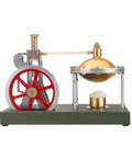 Build Your Own Badass Vertical Steam Engine Model Kit With A Transparent Cylinder Piston And Flywheel Power System Using Full Metal STEM Educational Parts And Rock Solid Spherical Boiler Design For Real Weekend Engineering Joy, showcasing red flywheel and shiny boiler.