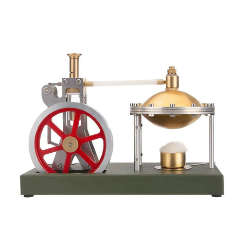 Build Your Own Badass Vertical Steam Engine Model Kit With A Transparent Cylinder Piston And Flywheel Power System Using Full Metal STEM Educational Parts And Rock Solid Spherical Boiler Design For Real Weekend Engineering Joy, showcasing red flywheel and shiny boiler.