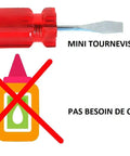 Red mini screwdriver and crossed out glue bottle with text "Mini Tournevis Inclu" and "Pas Besoin de Colle" on white background.