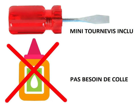 Red mini screwdriver and crossed out glue bottle with text "Mini Tournevis Inclu" and "Pas Besoin de Colle" on white background.