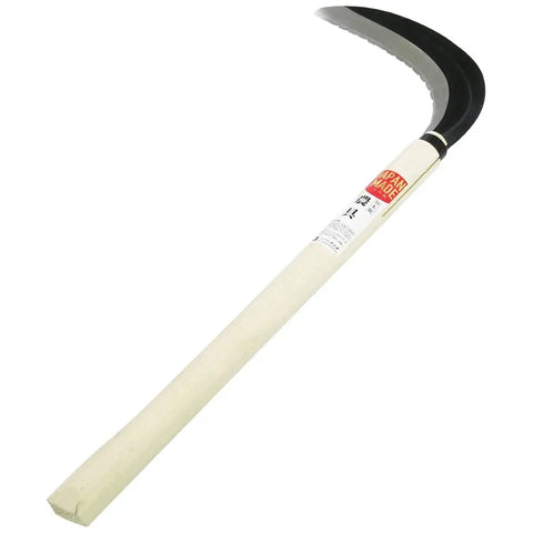 Made In Japan Cutting Scythe Edge Blade With 2 Shaft Handle for gardening and agriculture, white handle, black curved blade shown