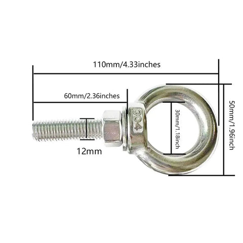 Heavy Duty M12 Eyebolt Set, 304 Stainless Steel Shoulder Eyebolts With Nuts And Flat Washers, 2 Pack, dimensions shown