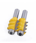 Top Shelf 2 Piece Triple Bead Column Molding Router Bit Set For Fancy Woodwork and Furniture Legs featuring two yellow and metal bits.