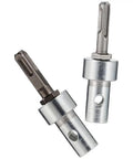 Turn Your Drill Into A Quick No Fuss Earth Auger With This Drill Bit Adapter And Head Connector Tool Square Or Round Shank For Easy Conversion And Dual Pits And Slots, showing metal adapters with round and square shanks.