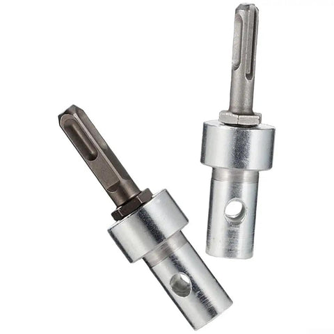 Turn Your Drill Into A Quick No Fuss Earth Auger With This Drill Bit Adapter And Head Connector Tool Square Or Round Shank For Easy Conversion And Dual Pits And Slots, showing metal adapters with round and square shanks.
