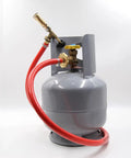 Premium Replaceable Propane Torch For Welding And Brazing With Self Ignition Lock, Ergonomic Brass Gas Flamer Kit connected to propane tank.