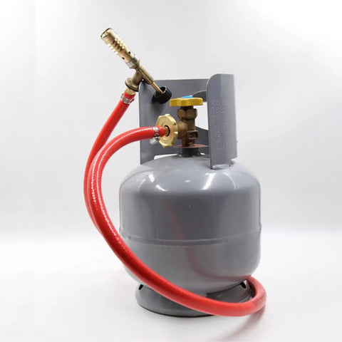 Premium Replaceable Propane Torch For Welding And Brazing With Self Ignition Lock, Ergonomic Brass Gas Flamer Kit connected to propane tank.