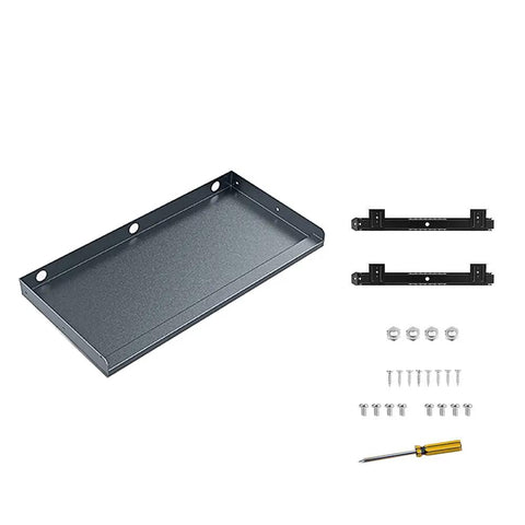 Heavy Duty Under Desk Keyboard Tray Rolling Butter Smooth Ball Bearing Slides And Comfy Wrist Rest Keeps Your Clean Setup Super Organized Gray Finish showing the tray and assembly parts.