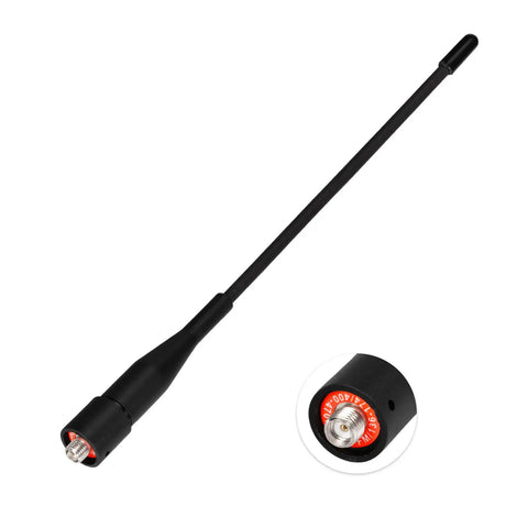 6 Inch Dual Band VHF UHF Antenna for Handheld Ham Radios, SMA Female Connector, Flexible, close-up of connector.
