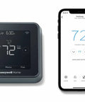 Smart Thermostat T5 Black ENERGY STAR Certified Cut Bills With Easy Temperature Control next to smartphone app interface