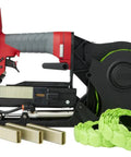 Heavy Hitter Pneumatic Cap Stapler Featuring A Rock Solid Three Eighths Inch Crown And Eighteen Gauge Design With Top Load Magazine, showing green caps and fasteners.