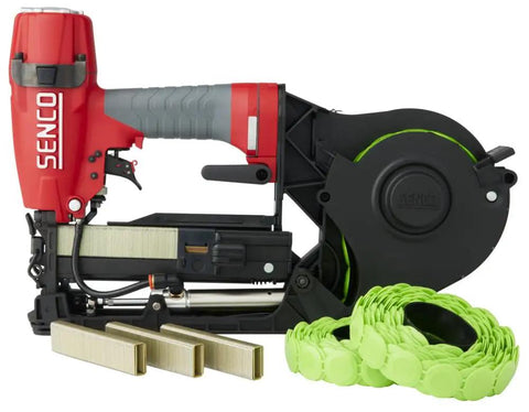 Heavy Hitter Pneumatic Cap Stapler Featuring A Rock Solid Three Eighths Inch Crown And Eighteen Gauge Design With Top Load Magazine, showing green caps and fasteners.
