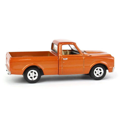 Side view of Chevy 1967 CK Pickup Truck Copper Orange Metallic Stacey David's Copperhead One Sixty Four Scale Diecast Model Car.
