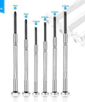Six Piece Mini Precision Screwdriver Set With Phillips Sizes 0 And 1 And Flathead Sizes 1.4mm 2.0mm 2.4mm And 3.0mm shown vertically