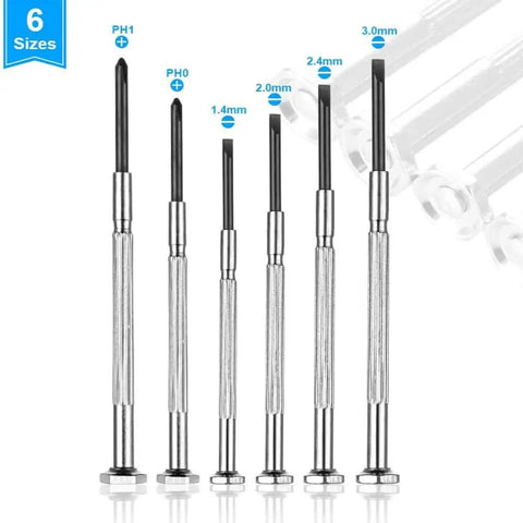 Six Piece Mini Precision Screwdriver Set With Phillips Sizes 0 And 1 And Flathead Sizes 1.4mm 2.0mm 2.4mm And 3.0mm shown vertically