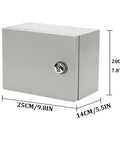 Front view of a gray steel electrical enclosure box with a lock, dimensions 25x20x14 cm.