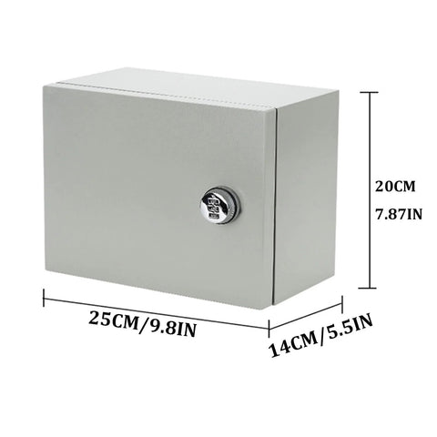 Front view of a gray steel electrical enclosure box with a lock, dimensions 25x20x14 cm.
