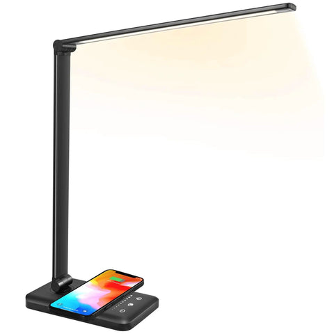 Boss Desk Lamp With Wireless Charging 10W And USB Port Dimmable Eye Caring Light With 10 Brightness Levels shown on desk