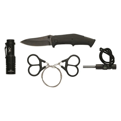 Outdoorsman Survival Combo Knife With Assisted Opening, 3.5 Inch Stonewash Blade, Black G10 Handle, Wire Saw, Fire Starter, and Flashlight