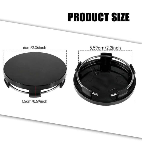 Upscale Black ABS Wheel Center Caps 4 Pack Snap In Rim Hub Covers For Trucks SUVs And Sedans OD 60MM ID 56MM Durable Shield showing size details.