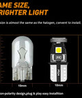 Side by side comparison of halogen bulb and LED bulb from Interior LED Bulbs Kit For 2007 2017 Mitsubishi Lancer Evo 6 Piece Set