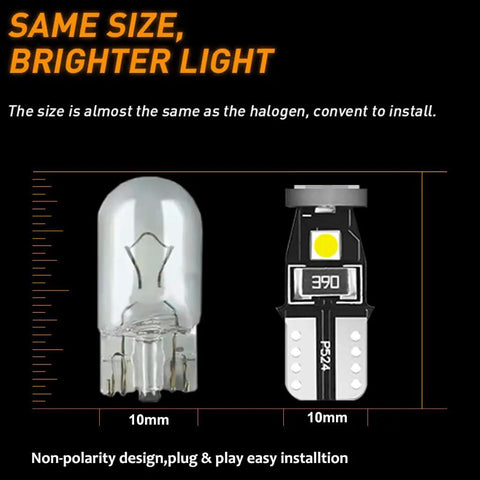 Side by side comparison of halogen bulb and LED bulb from Interior LED Bulbs Kit For 2007 2017 Mitsubishi Lancer Evo 6 Piece Set